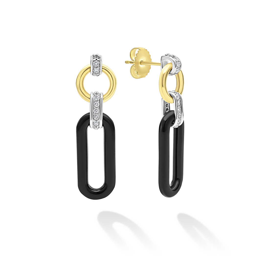 LAGOS 18K Yellow and White Gold and Black Ceramic Signature Caviar Diamond Drop Link Earrings