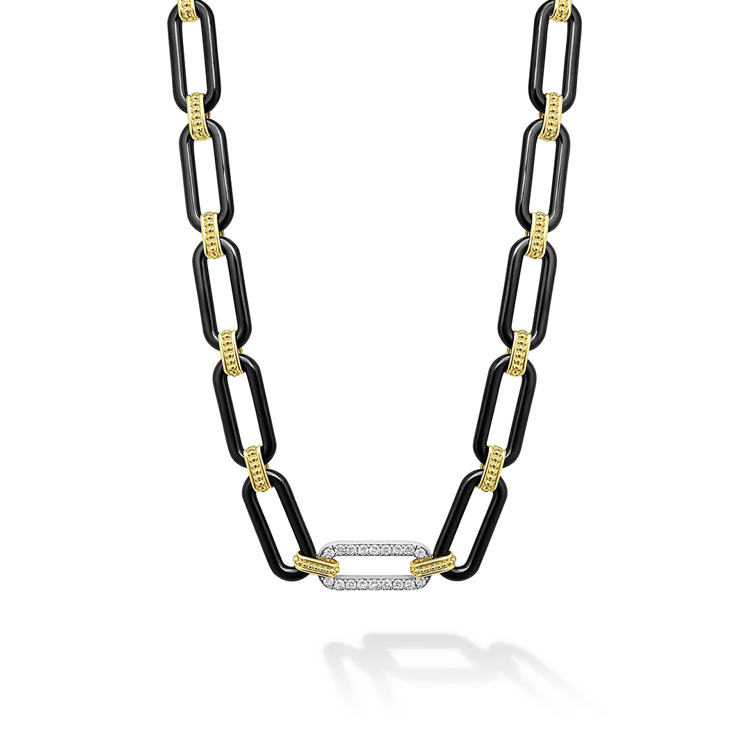 LAGOS 18K Yellow and White Gold and Black Ceramic Diamond Signature Caviar Link Necklace itemprop=