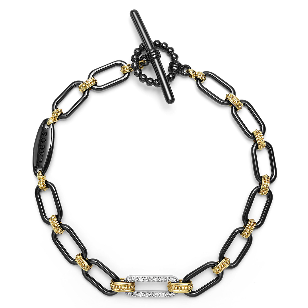 LAGOS 18K Yellow and White Gold Black Ceramic Diamond Signature Caviar Link Bracelet