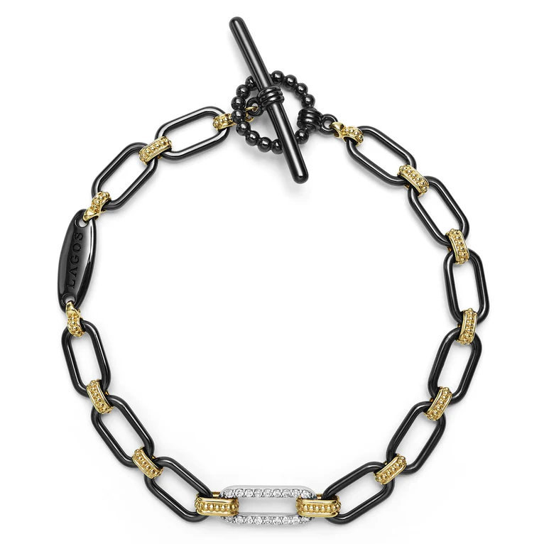 LAGOS 18K Yellow and White Gold Black Ceramic Diamond Signature Caviar Link Bracelet