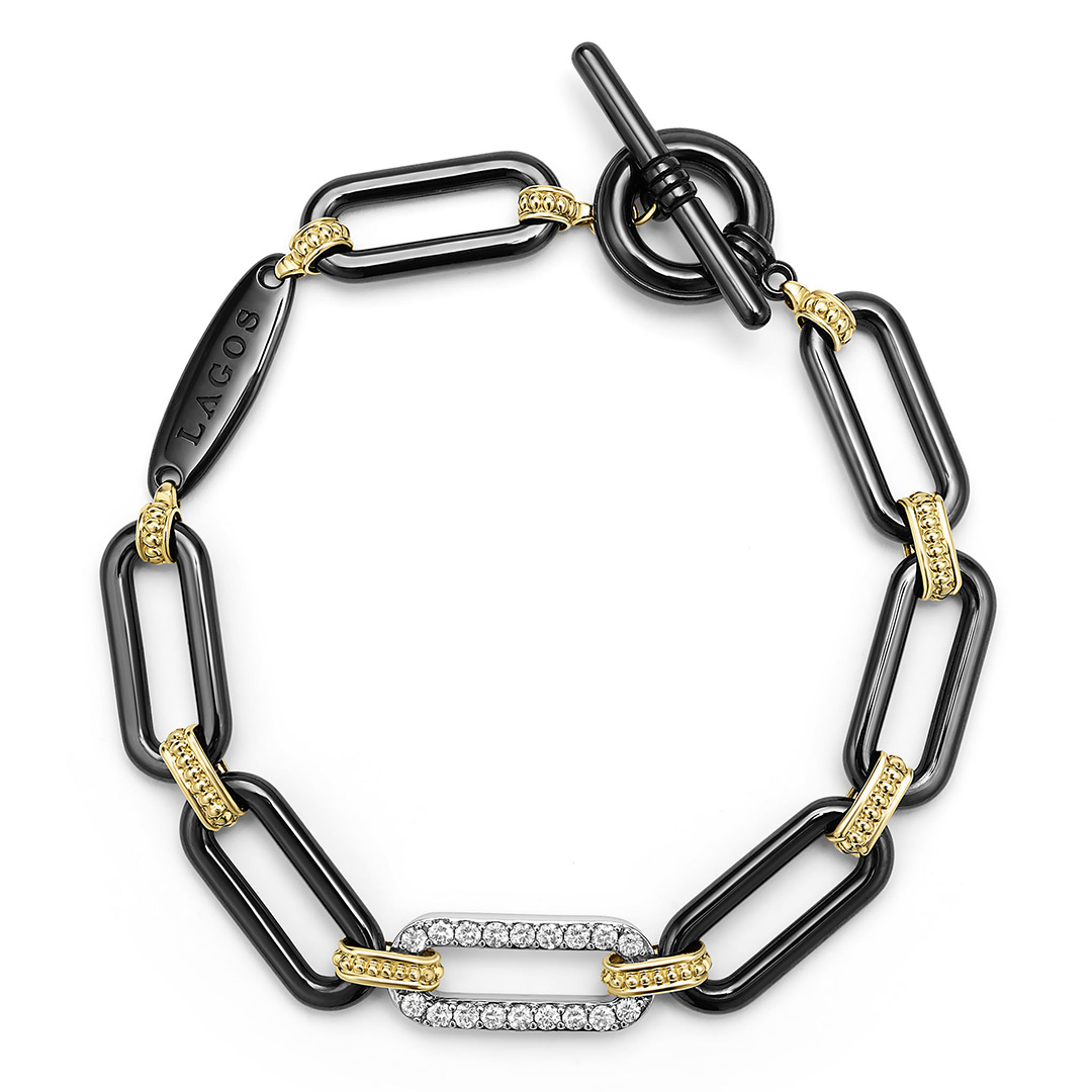 LAGOS 18K Yellow and White Gold Black Ceramic Signature Caviar Diamond Link Bracelet