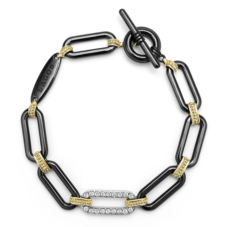 LAGOS 18K Yellow and White Gold Black Ceramic Signature Caviar Diamond Link Bracelet