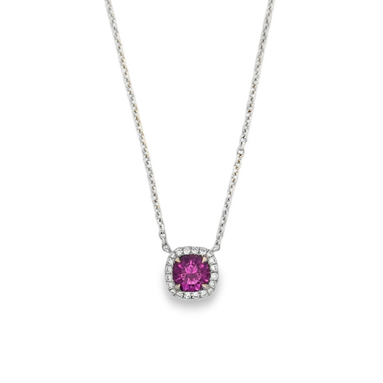 18K White Gold Pink Sapphire and Diamond Halo Pendant Necklace - 6567
