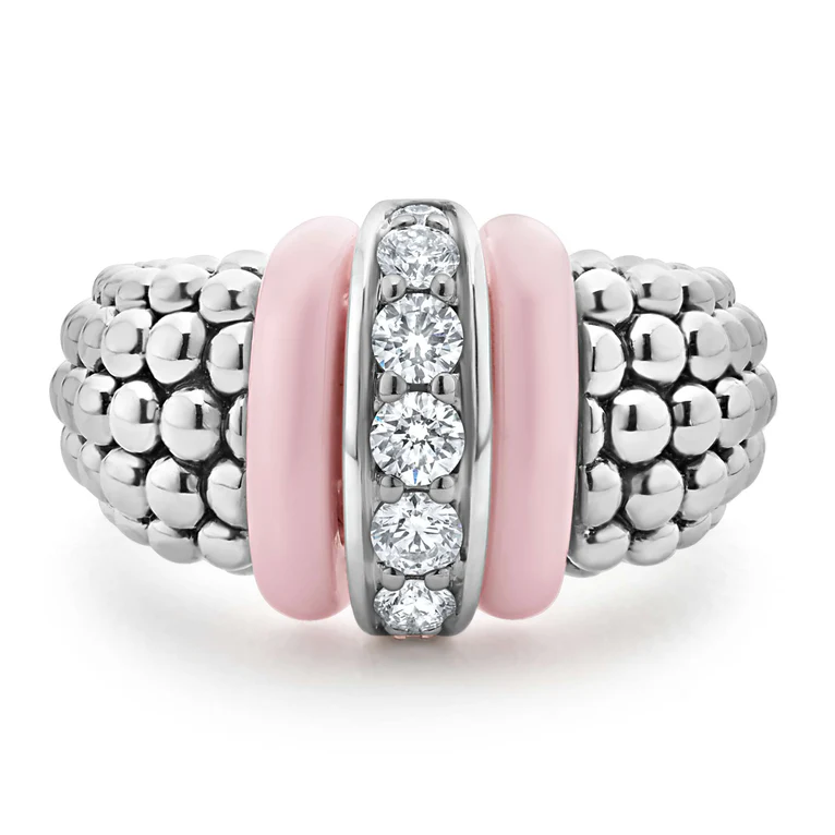 LAGOS Sterling Silver Pink Caviar Ceramic and Diamond Ring