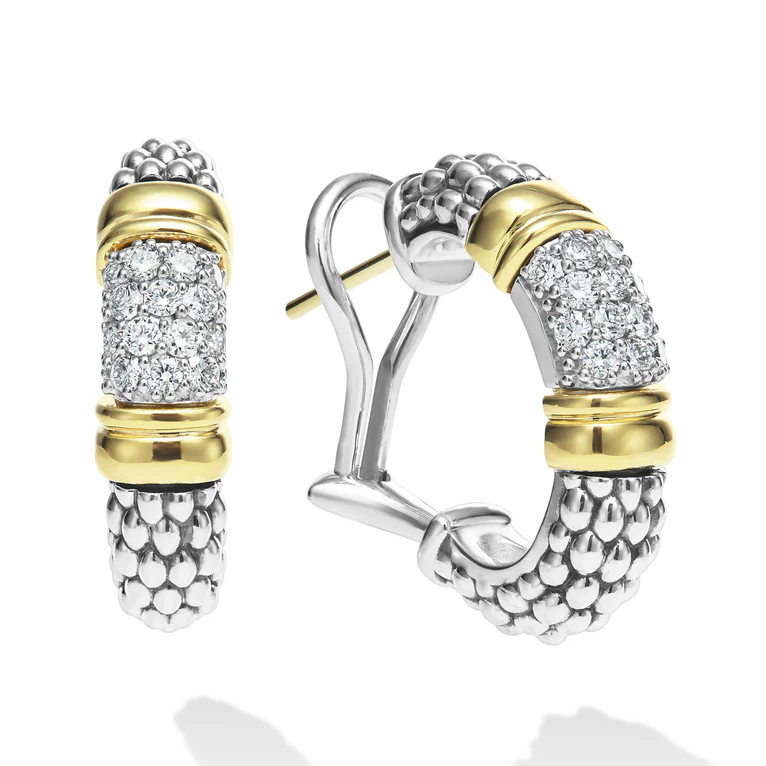 LAGOS Sterling Silver and 18K Yellow Gold Signature Caviar Diamond Hoop Earrings