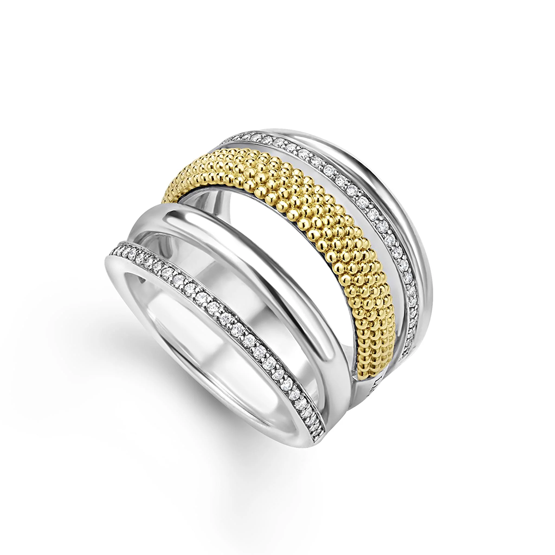 LAGOS Sterling Silver and 18K Yellow Gold Signature Caviar Diamond Five Row Ring