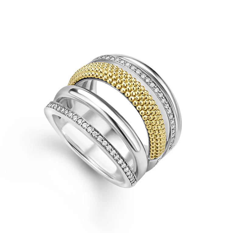 LAGOS Sterling Silver and 18K Yellow Gold Signature Caviar Diamond Ring - 02-80826-DD7