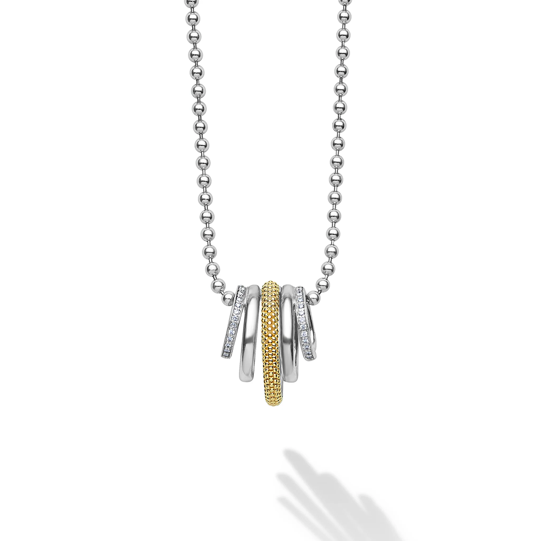 LAGOS Sterling Silver and 18K Yellow Gold Signature Caviar Diamond Five Ring Necklace