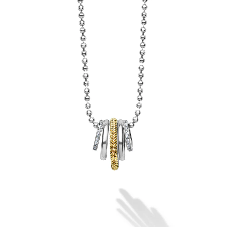 LAGOS Sterling Silver and 18K Yellow Gold Signature Caviar Diamond Five Ring Necklace