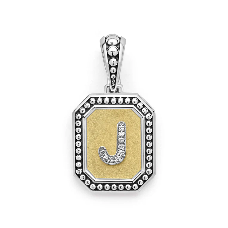 LAGOS Sterling Silver and 18K Yellow Gold Signature Caviar Diamond Initial "J" Pendant