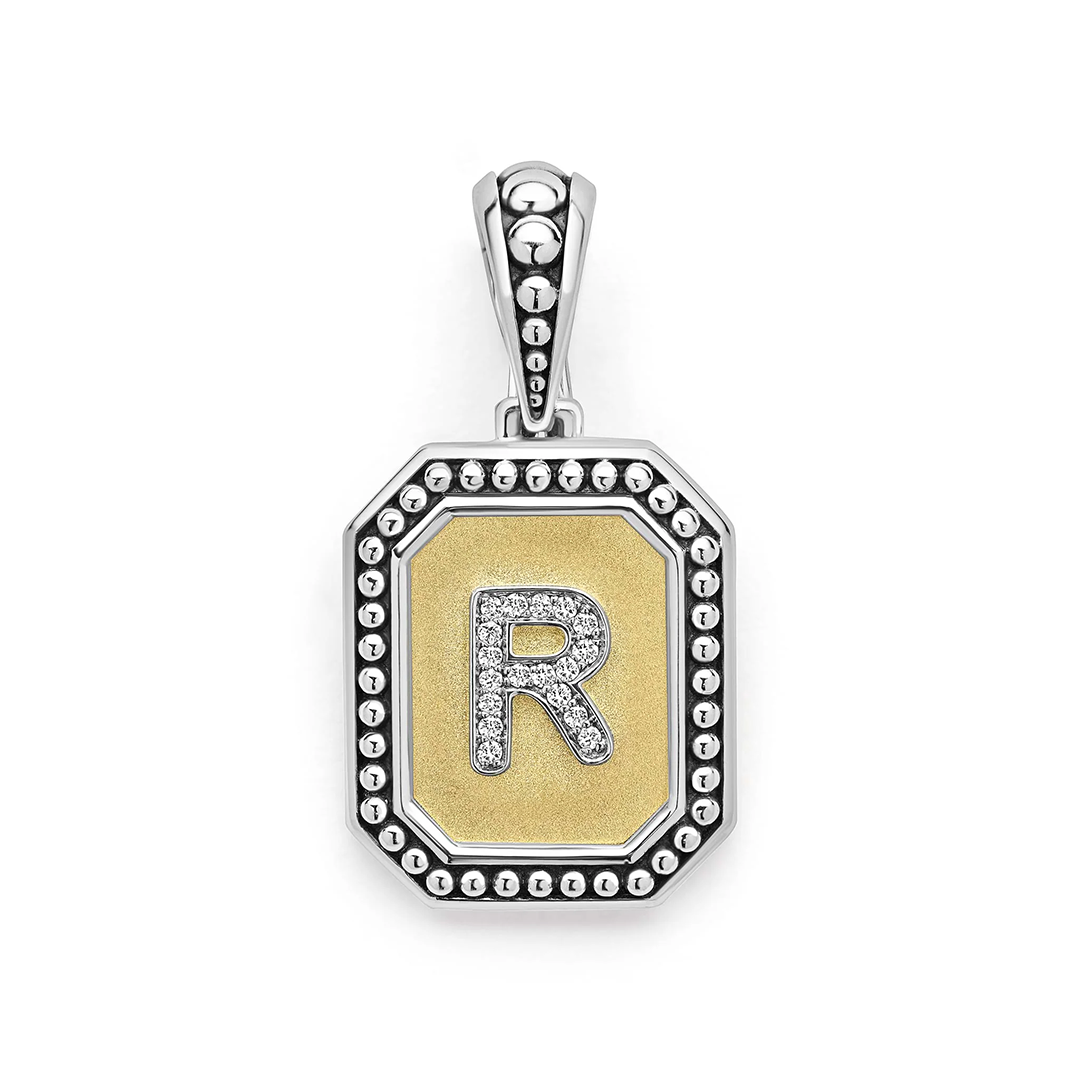 LAGOS Sterling Silver and 18K Yellow Gold Signature Caviar Diamond Initial "R" Pendant