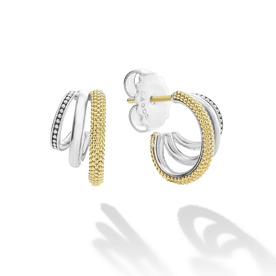 LAGOS Sterling Silver and 18K Yellow Gold Caviar Lux Three Ring Hoop Earrings
