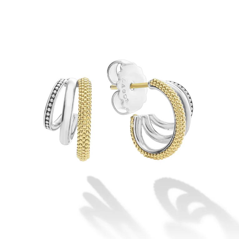 LAGOS Sterling Silver and 18K Yellow Gold Caviar Lux Three Ring Hoop Earrings