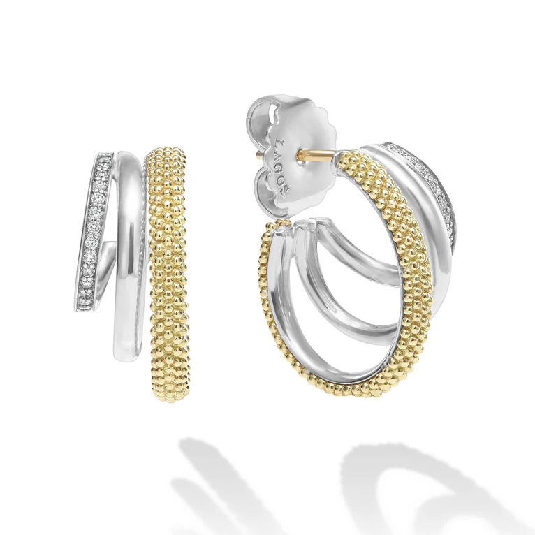 LAGOS Sterling Silver and 18K Yellow Gold Caviar Lux Diamond Three Ring Hoop Earrings