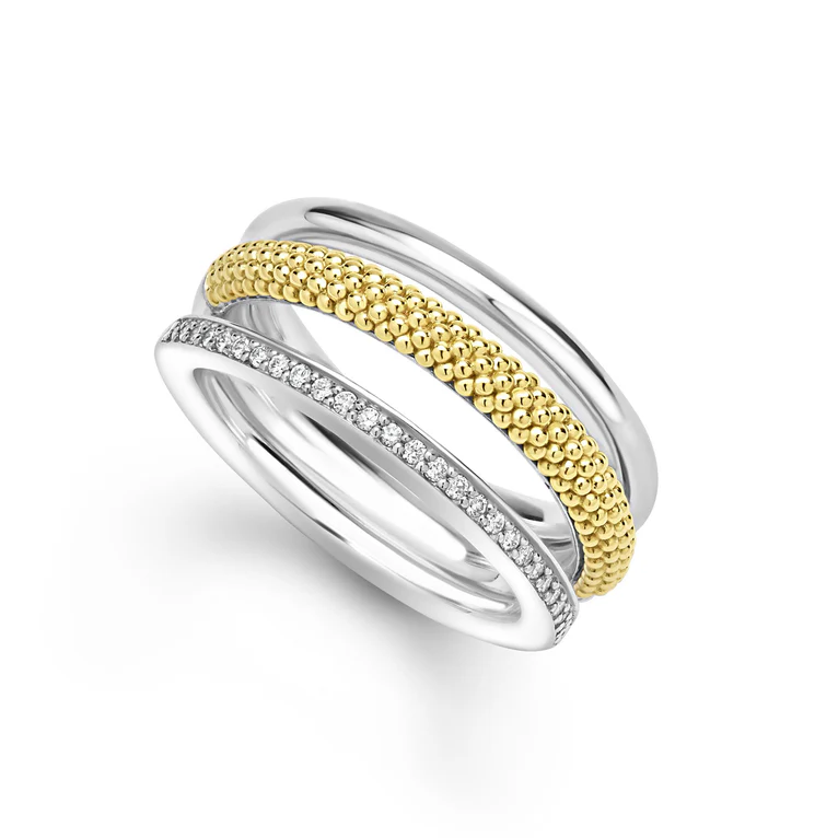 LAGOS Sterling Silver and 18K Yellow Gold Caviar Lux Diamond Three Row Ring