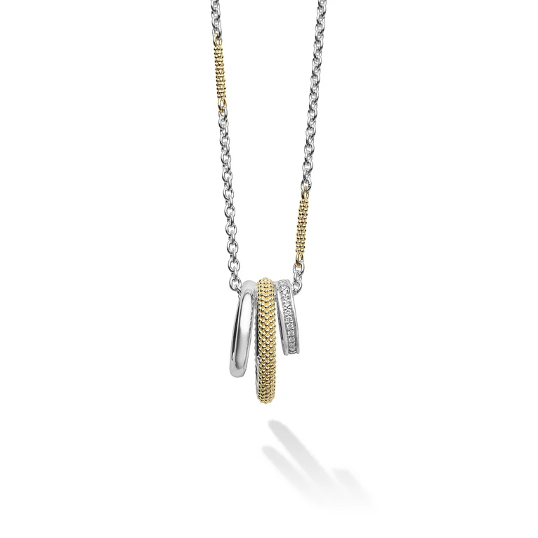 LAGOS Sterling Silver and 18K Yellow Gold Caviar Lux Diamond Three Row Necklace