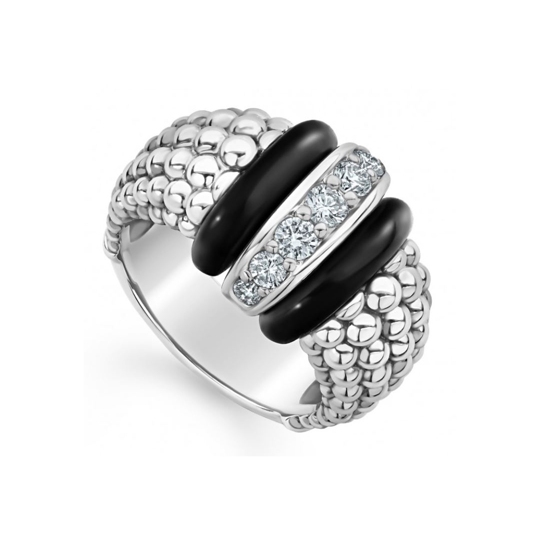 LAGOS Sterling Silver Black Caviar Ceramic and Diamond Caviar Ring