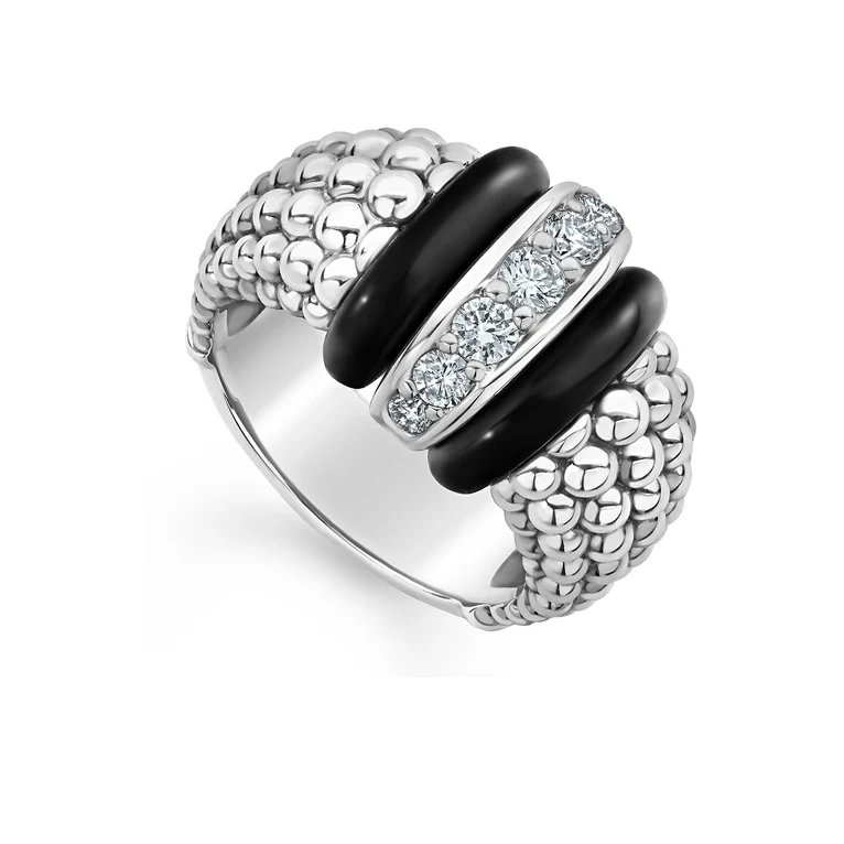 LAGOS Sterling Silver Black Caviar Ceramic and Diamond Caviar Ring