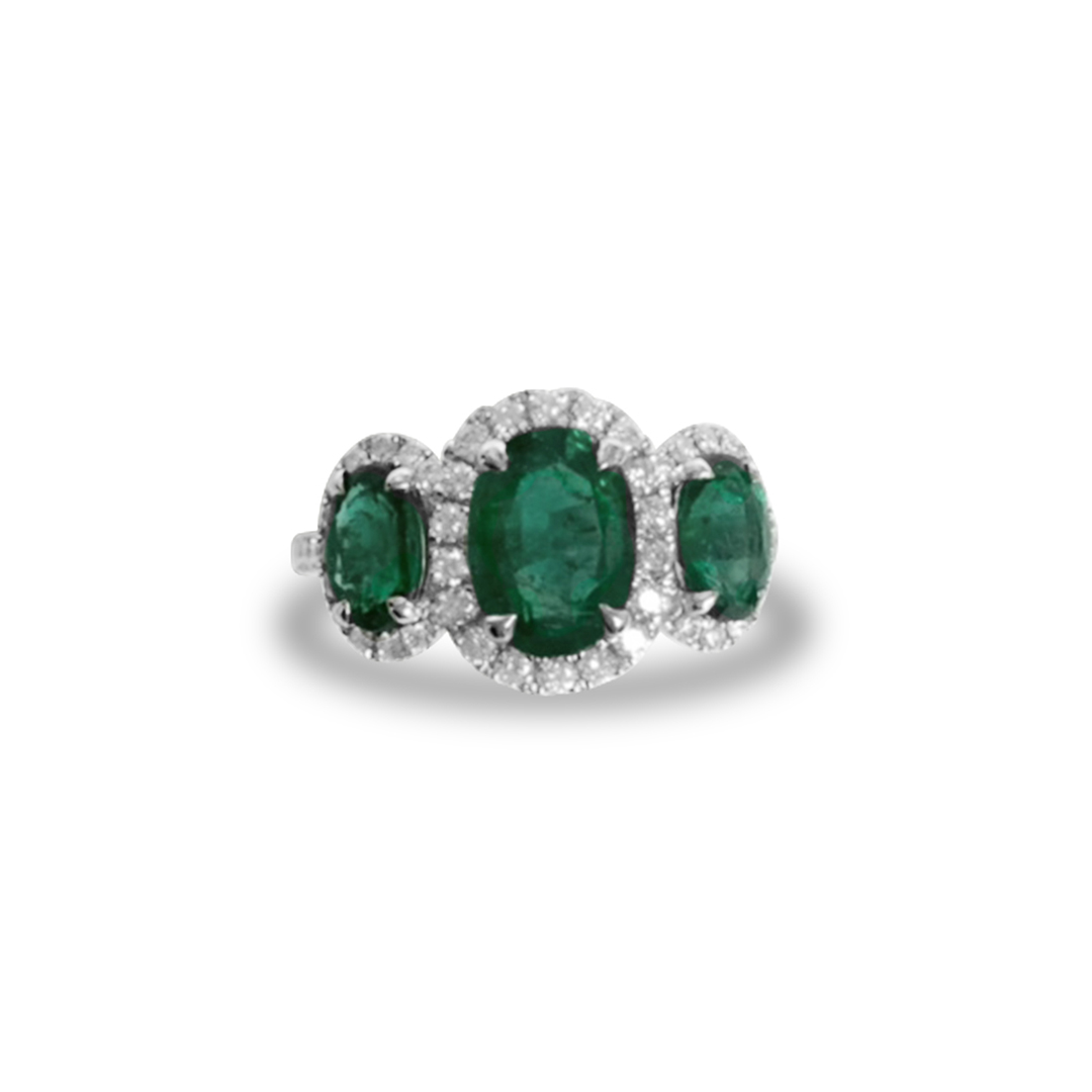 18K White Gold Emerald and Diamond Three Stone Ring