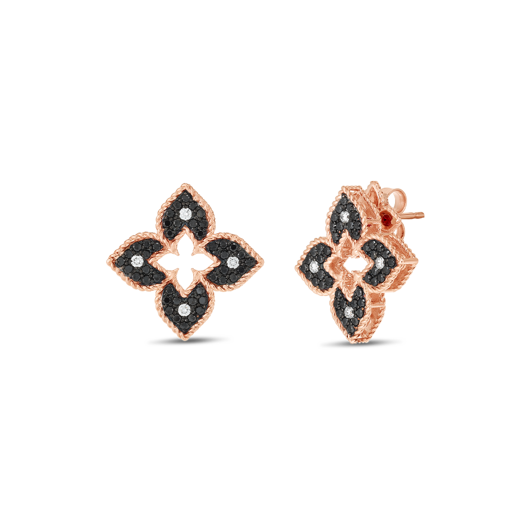 Roberto Coin 18K Rose Gold Petite Venetian Princess Black Diamond Flower Earrings
