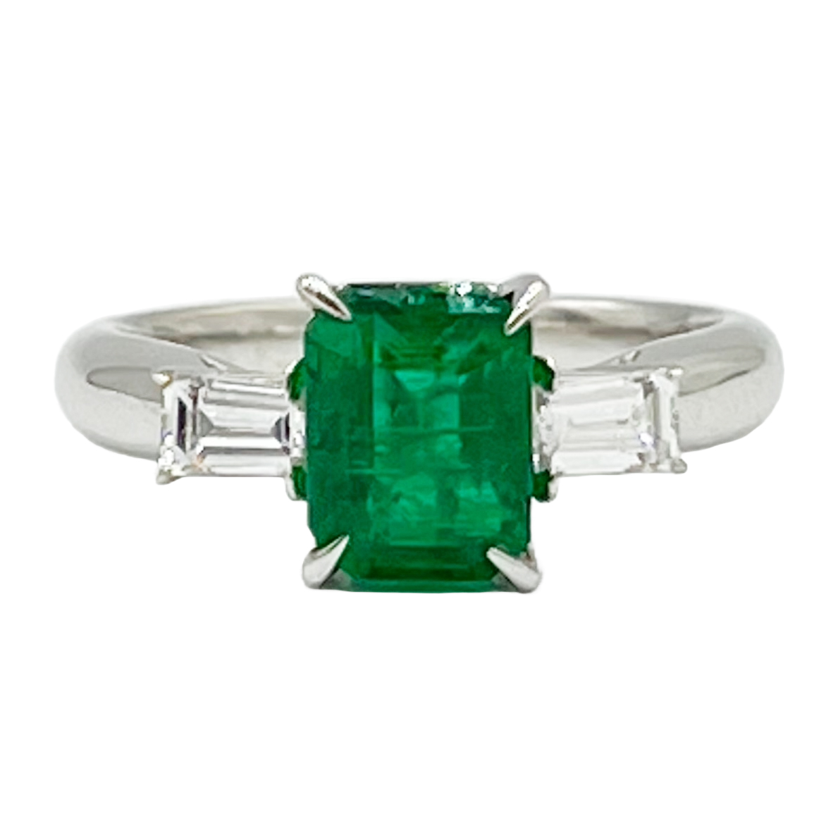 18K White Gold Emerald and Diamond 3 Stone Ring