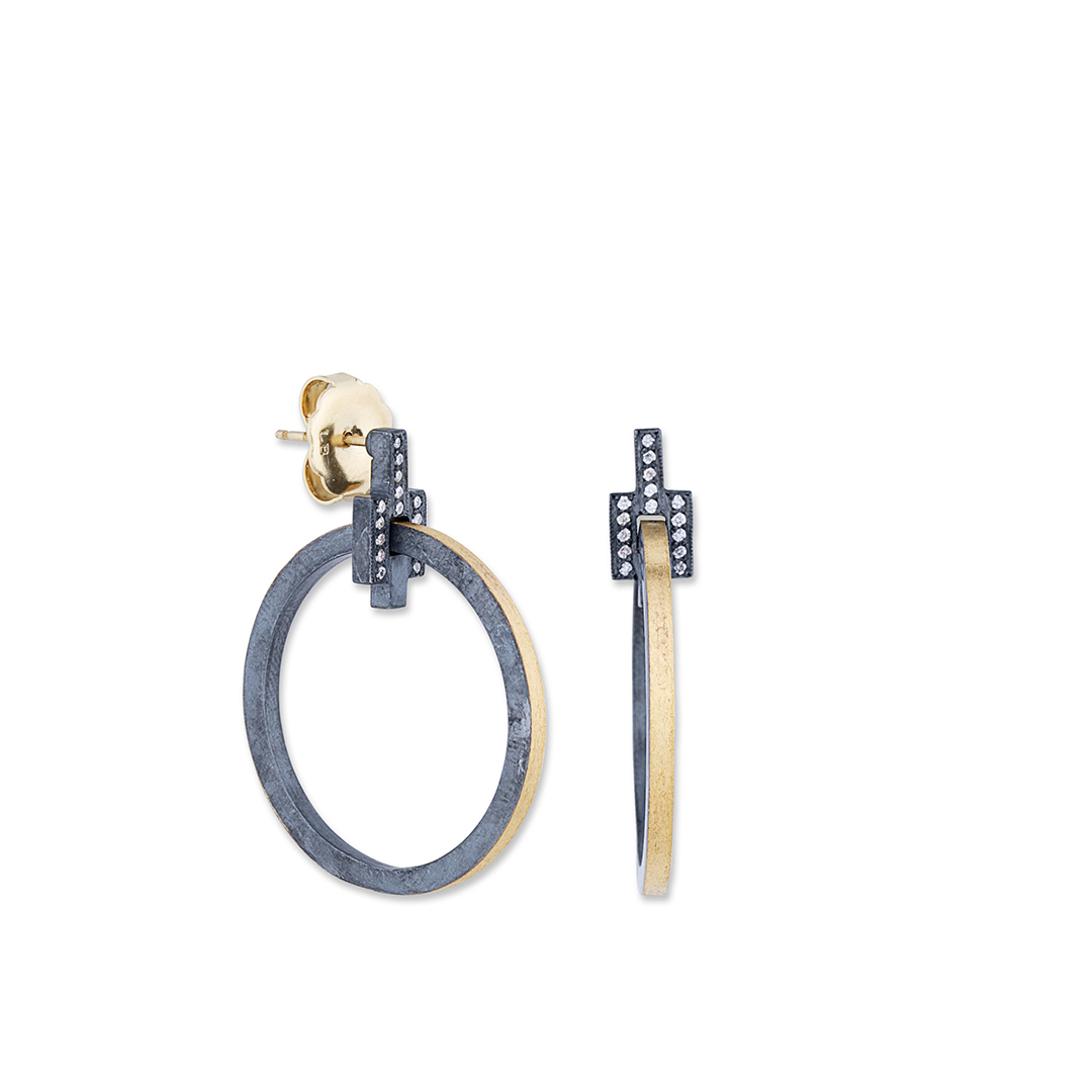 Lika Behar Sterling Silver and 24K Yellow Gold Deco Fusion Diamond "Deck" Circle Earrings