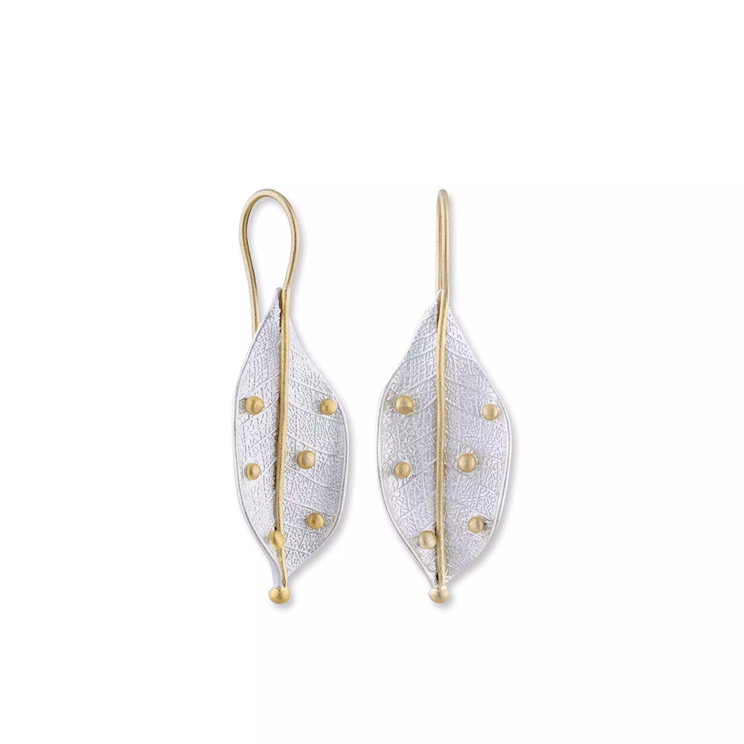 Lika Behar Sterling Silver and 24K Yellow Gold Yin and Yang "Machka Park" Leaf Pendant Earrings