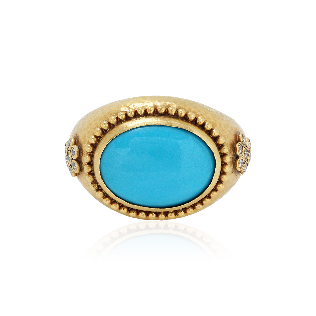 Lika Behar Sterling Silver and 24K Hammered Yellow Gold Turquoise and Diamond Ring - RAM-R-107-GTRQ-