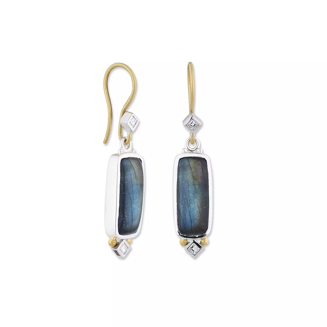 Like Behar Oxidized Sterling Silver and 24K Yellow Gold Iridescence Labradorite and Onyx "Moondance" Earrings