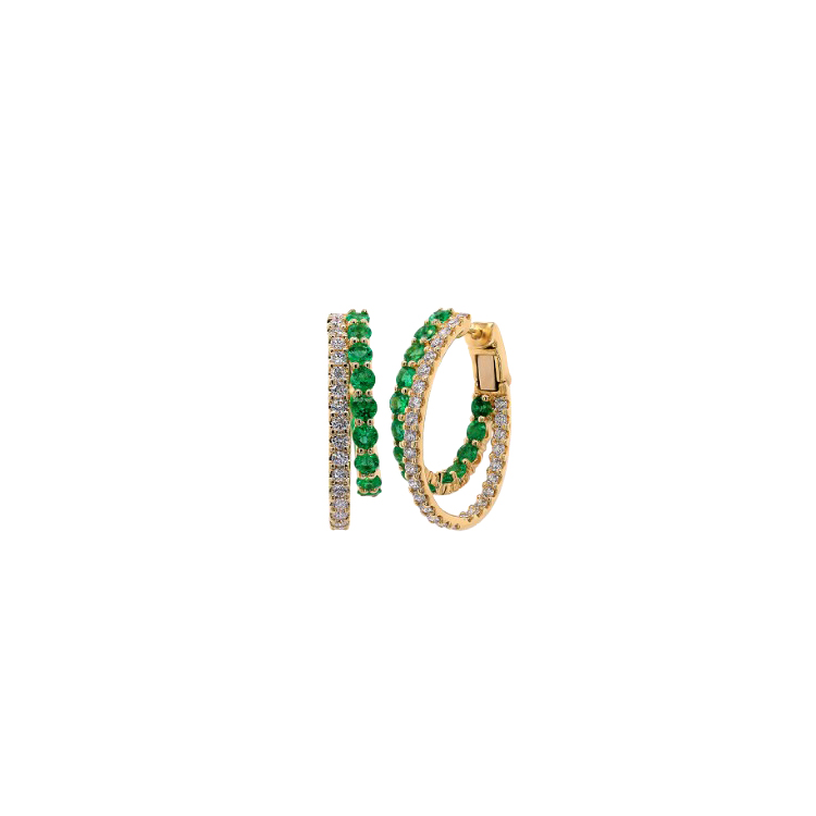 18K Yellow Gold Emerald and Diamond Double Hoop Earrings