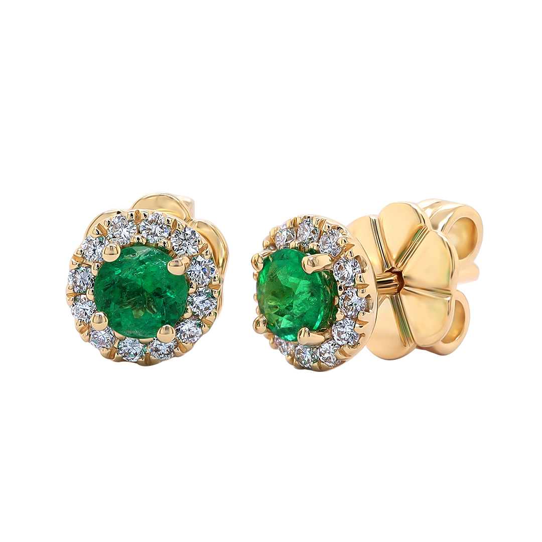 18K Yellow Gold Emerald and Diamond Halo Stud Earrings