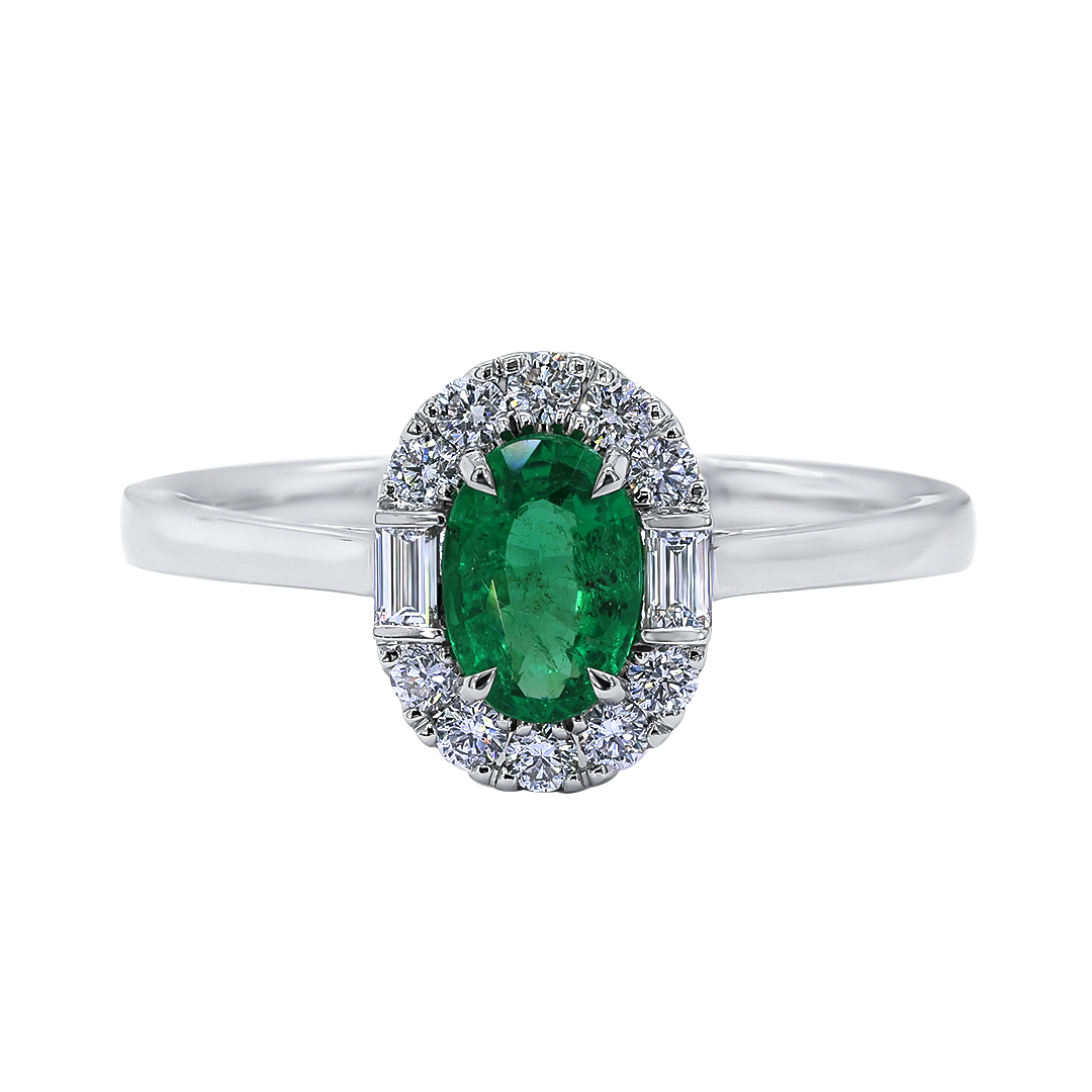 18K White Gold Emerald and Diamond Oval Halo Ring