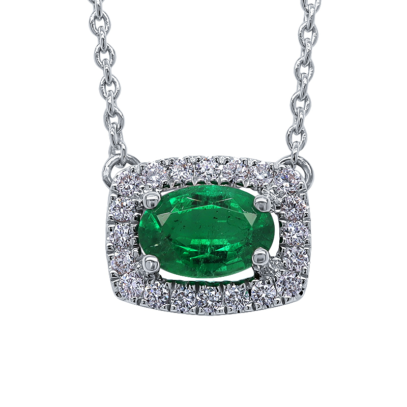 18K White Gold Emerald and Diamond Oval Halo Pendant Necklace