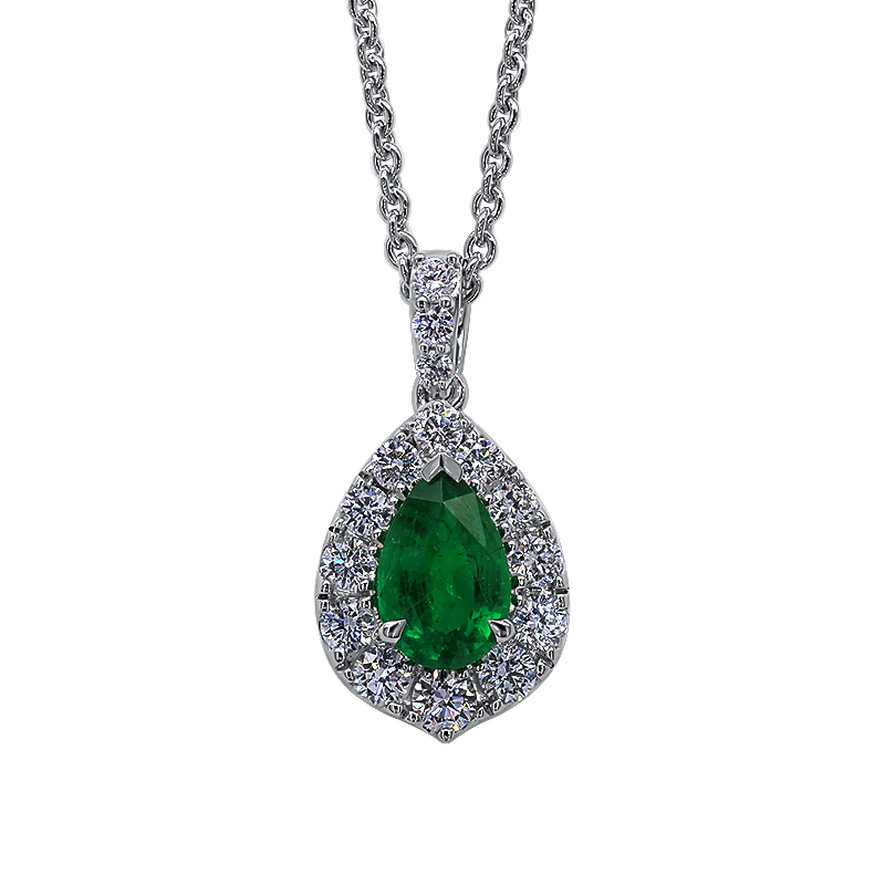 18K White Gold Emerald and Diamond Halo Pendant Necklace