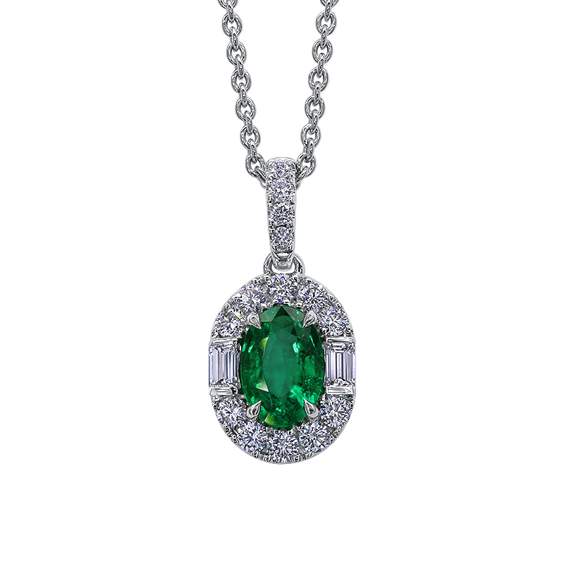 18K White Gold Emerald and Diamond Halo Pendant Necklace