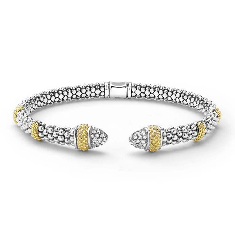 LAGOS Sterling Silver and 18K Yellow Gold Caviar Lux Diamond Cuff Bracelet