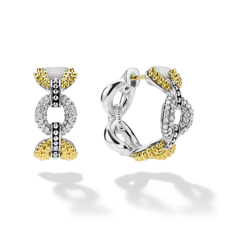 LAGOS Sterling Silver and 18K Yellow Gold Caviar Lux Diamond Hoop Earrings - 01-82170-DD