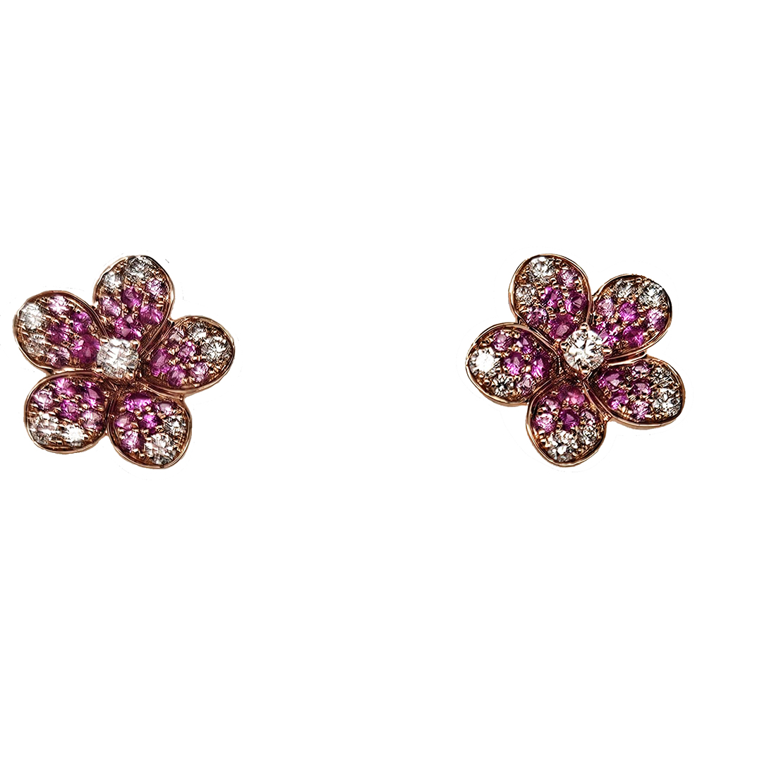 18K Rose Gold Sapphire and Diamond Flower Earrings