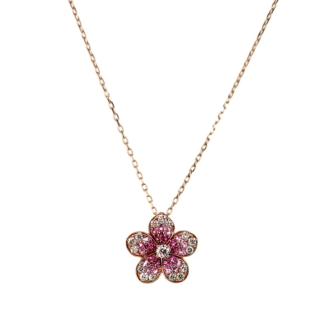 18K Rose Gold Sapphire and Diamond Flower Pendant Necklace