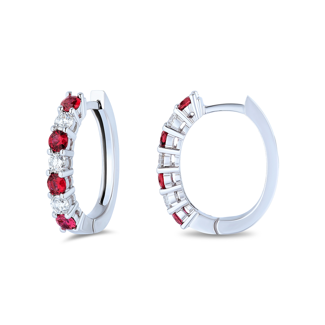 18K White Gold Ruby and Diamond Oval Hoop Earrings