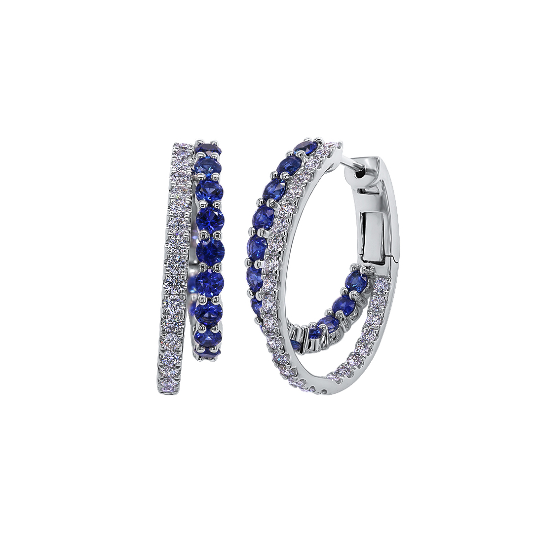 18K White Gold Sapphire and Diamond Double Hoop Earrings