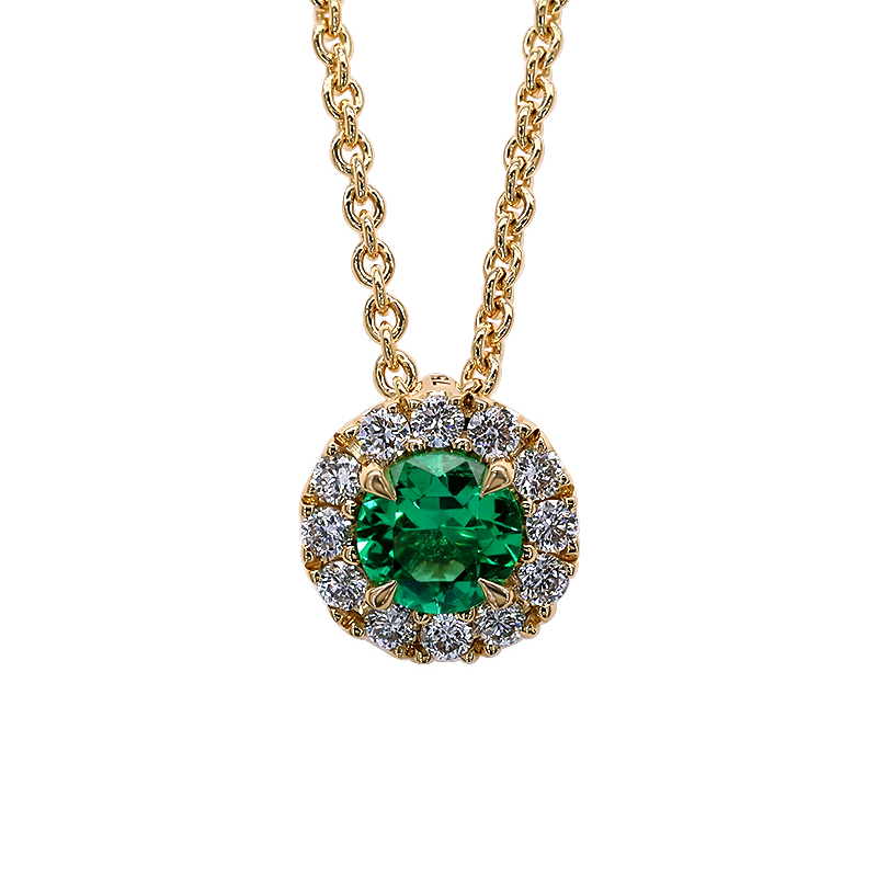 18K Yellow Gold Emerald and Diamond Halo Necklace
