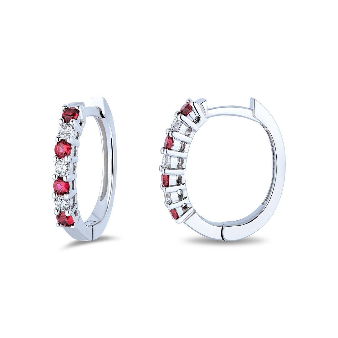 18K White Gold Diamond and Ruby Hoop Earrings