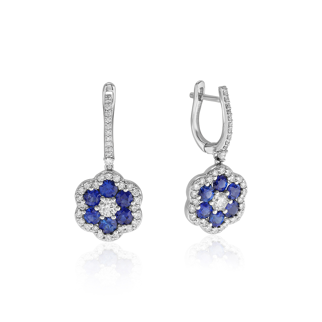 18K White Gold Diamond and Blue Sapphire Dangle Earrings