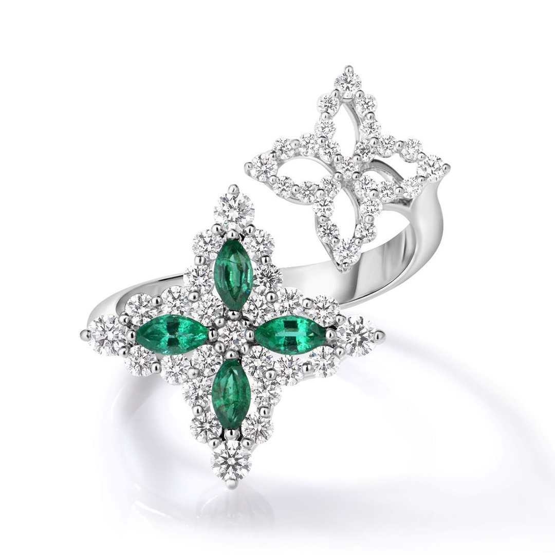Roberto Coin 18K White Gold Venetian Princess Diamond and Emerald Ring