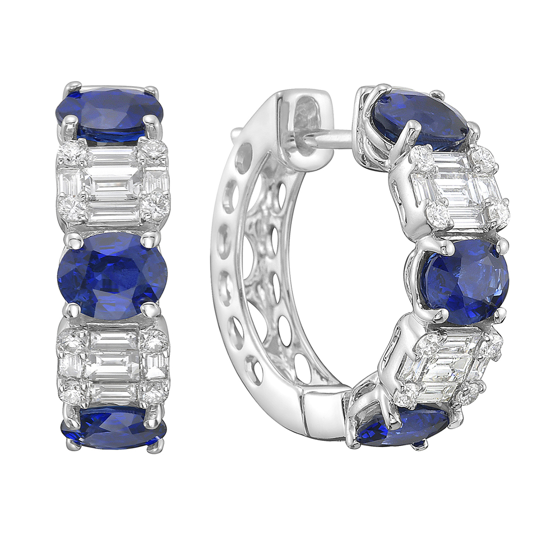 18K White Gold Diamond and Blue Sapphire Hoop Earrings