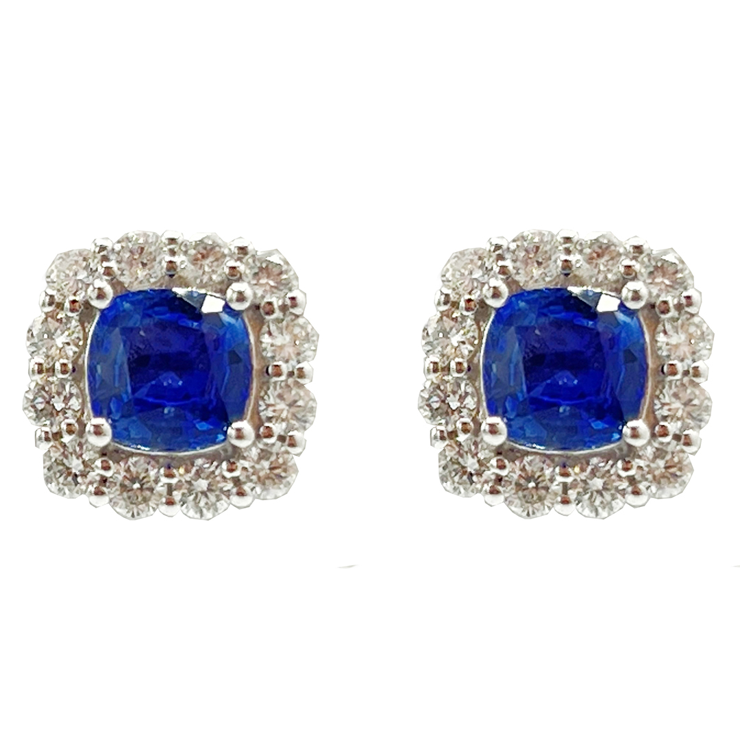18K White Gold Blue Sapphire Diamond Stud Earrings