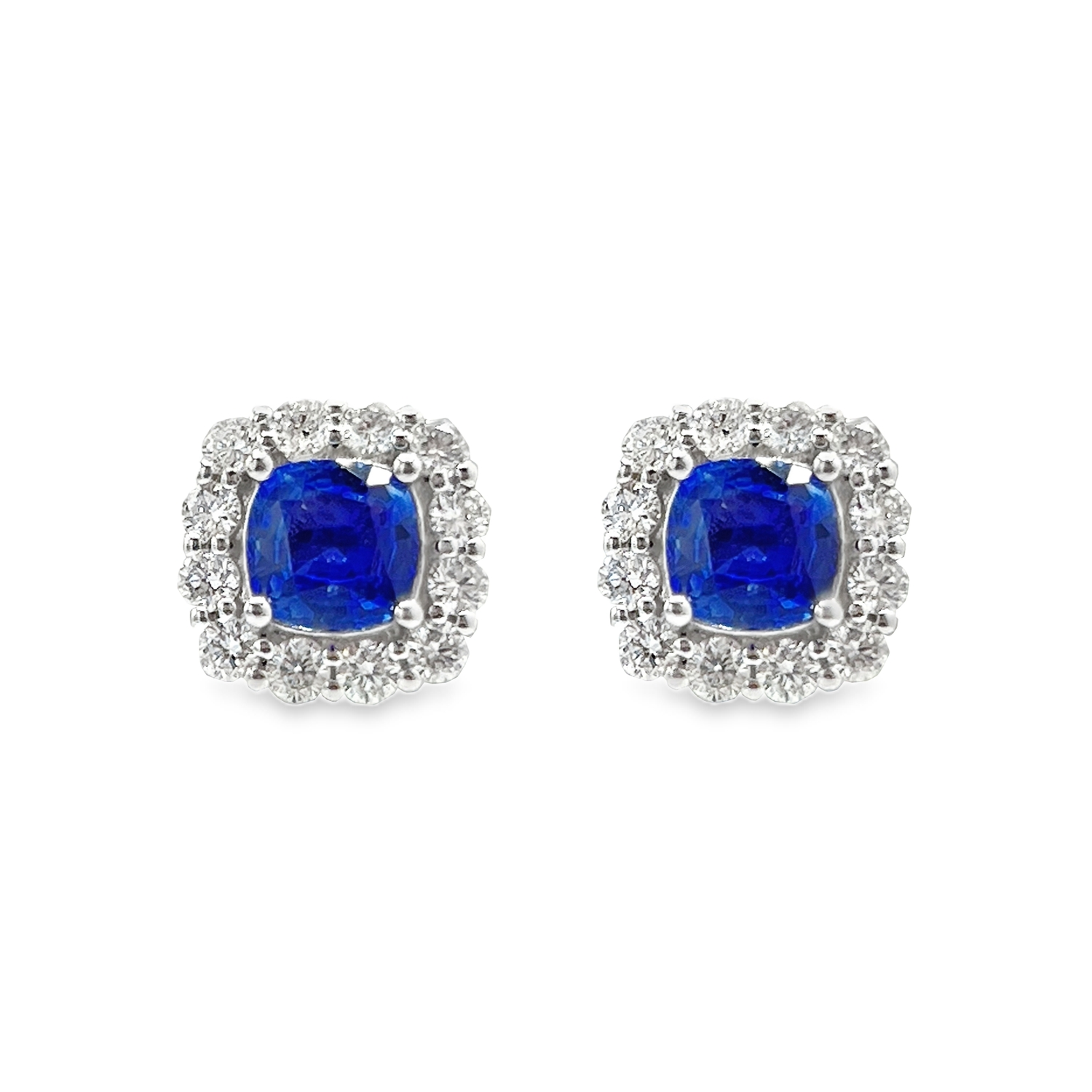 18K White Gold Blue Sapphire Diamond Stud Earrings
