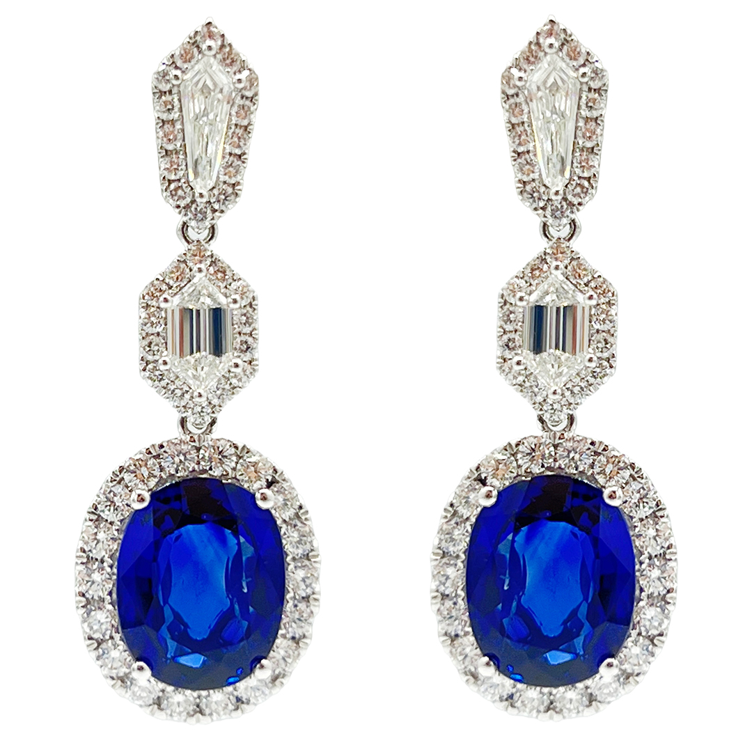 18K White Gold Diamond and Blue Sapphire Dangle Earrings - SE055539