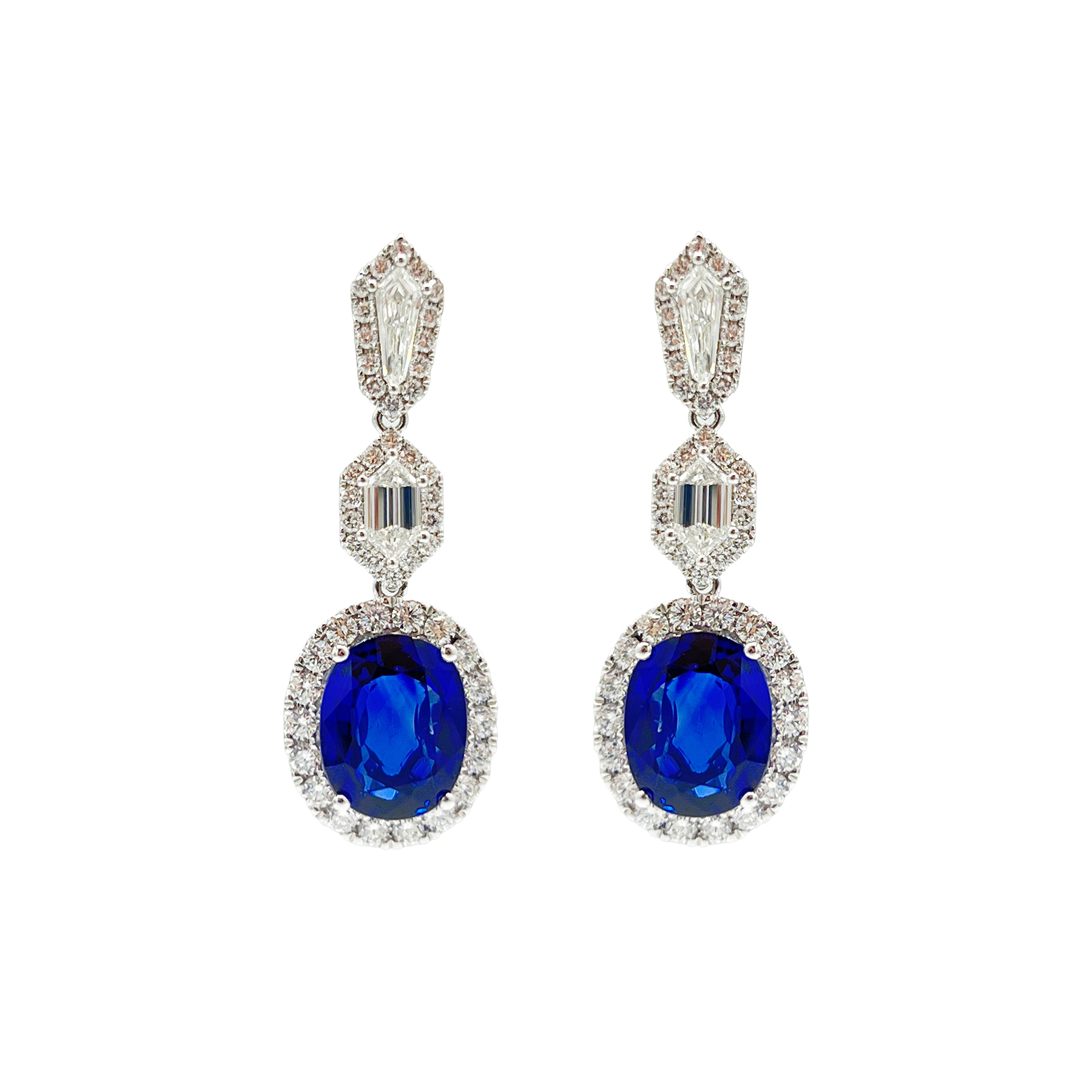 18K White Gold Diamond and Blue Sapphire Dangle Earrings - SE055539